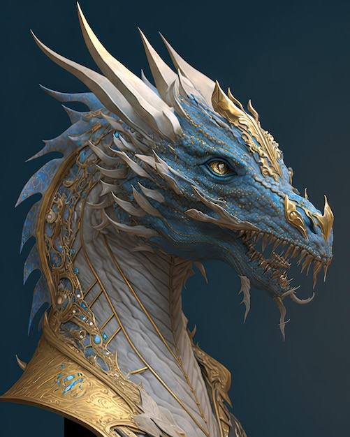 A blue dragon with gold trim and a gold collar