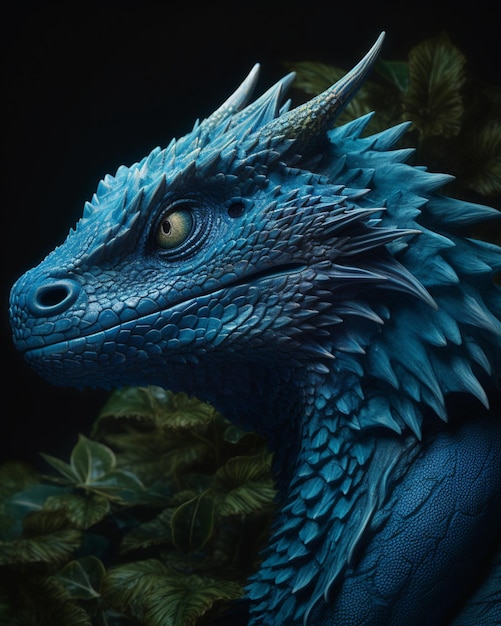 A blue dragon with a green head and blue eyes sits in a dark room.