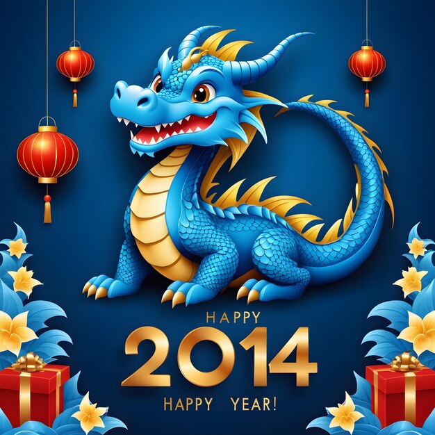 Photo a blue dragon with a happy new year greetings