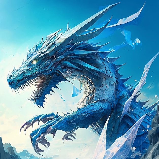 A blue dragon with ice crystals on its face