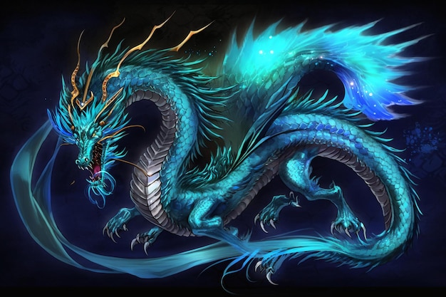 A blue dragon with a long tail and a long tail.