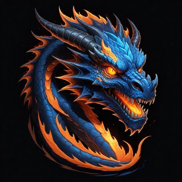 a blue dragon with orange eyes and blue flames