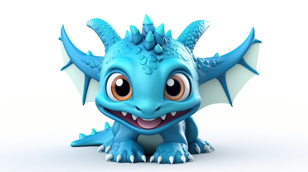 a blue dragon with orange eyes and a white background.