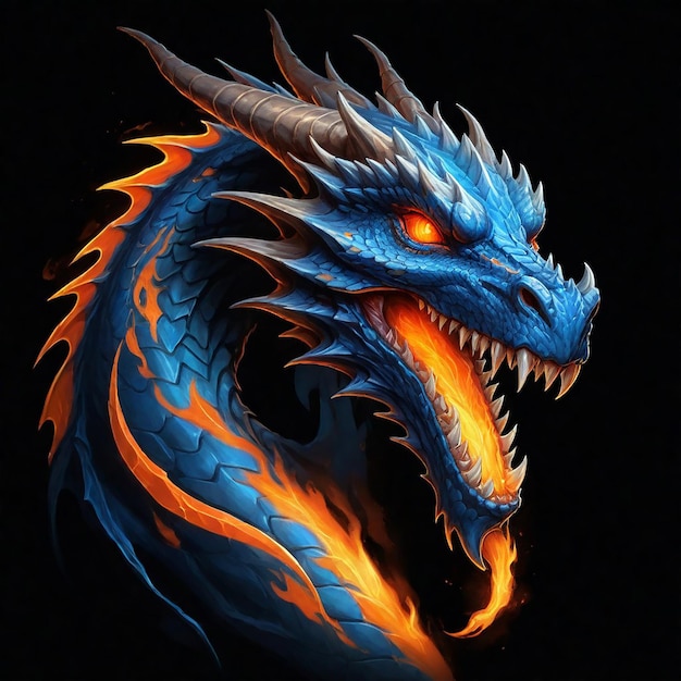 a blue dragon with orange and yellow flames