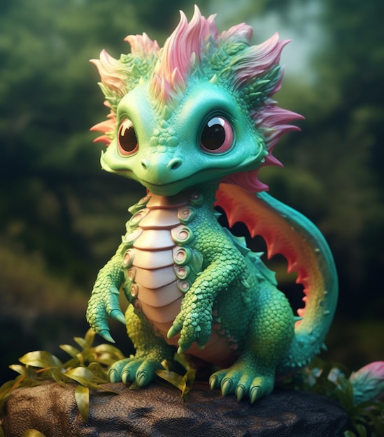 A blue dragon with pink and green spiky hair sits on a rock.