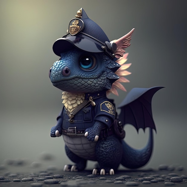 A blue dragon with a police hat on.