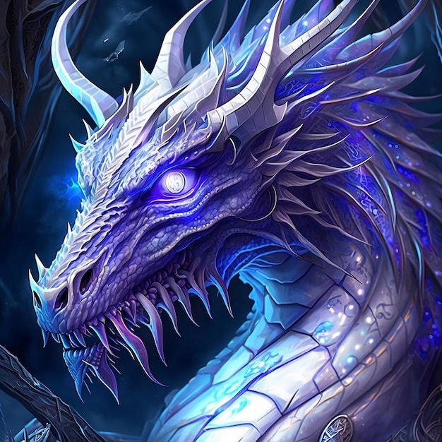 A blue dragon with purple eyes and a white dragon on the head.