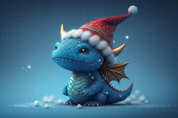 Синий дракон с красной шапкой и снежным Генеративом Ай