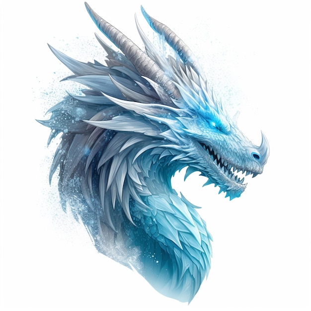 A blue dragon with snow on it's face.