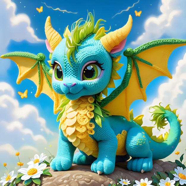 a blue dragon with yellow wings stands on a hill with daisies in the background