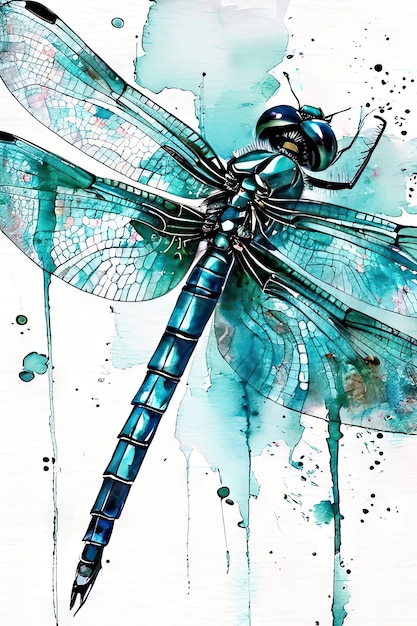 Blue dragonfly on watercolor background Digital art painting Hand drawn illustration