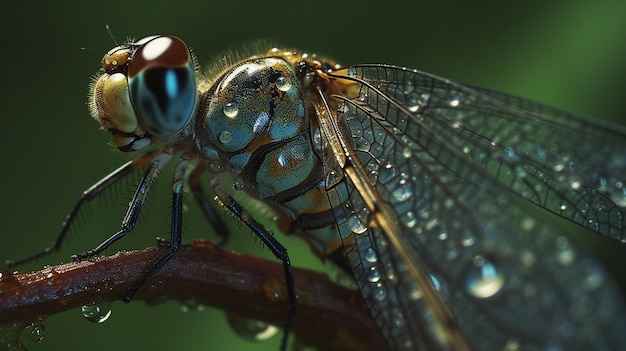 A blue dragonfly with a drop of water on its wings