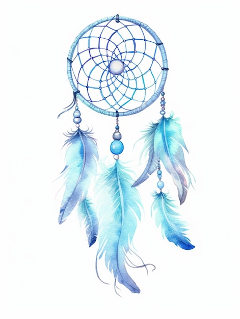 Blue dream catcher with a blue feather on a white background.