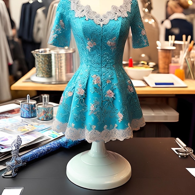 A blue dress with lace trim and lace trim sits on a table in front of a display of clothing.