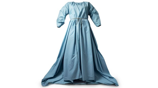 Photo a blue dress with a white bow on the front and the right side is shown