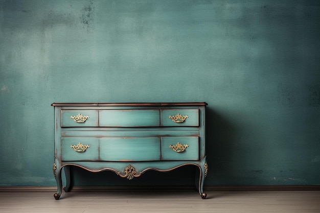 a blue dresser with a gold crown on the top of it.