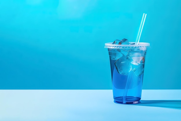 Blue drink in a plastic cup isolated on a blue background Take away drinks concept with copy space