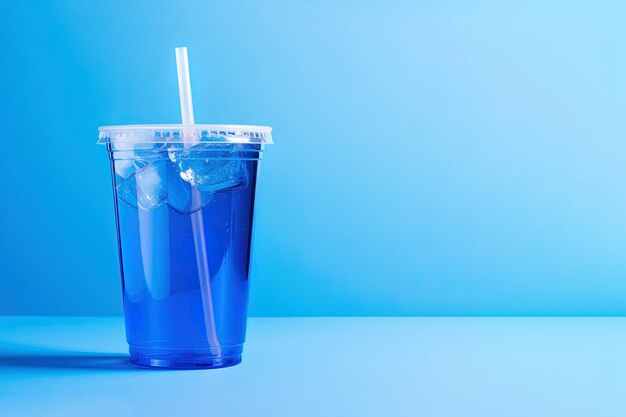 Blue drink in a plastic cup isolated on a blue background Take away drinks concept with copy space