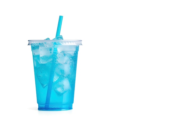 Blue drink in a plastic cup isolated on a white background Take away drinks concept with copy space