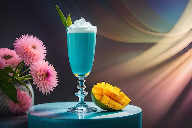 A blue drink with mango on a table next to a vase of flowers.