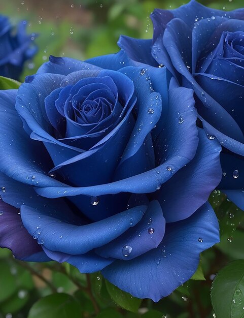 Blue dyed roses with many raindrops of dew in the morning generated by AI