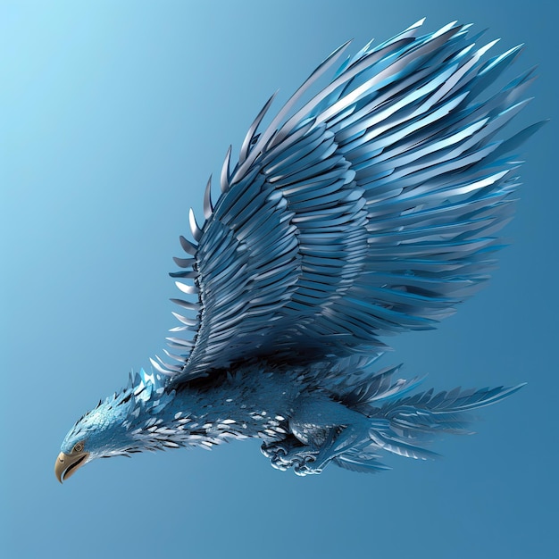 blue eagle hyperrealistic steel feather flying strai