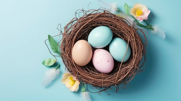 A blue easter egg sits in a nest with flowers on a blue background.