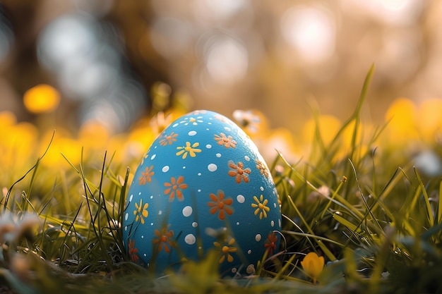 A blue easter egg sitting in the grass