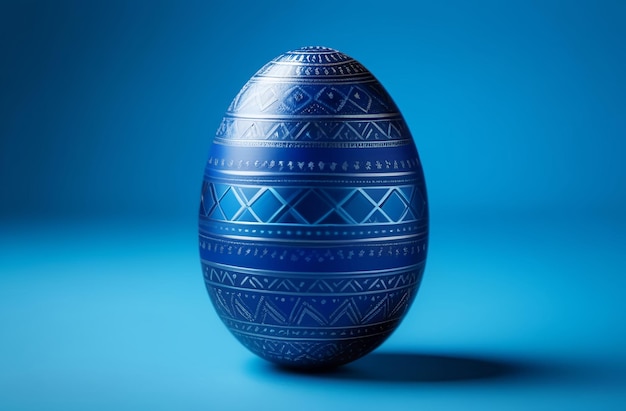 Photo blue easter egg with ornament on blue background