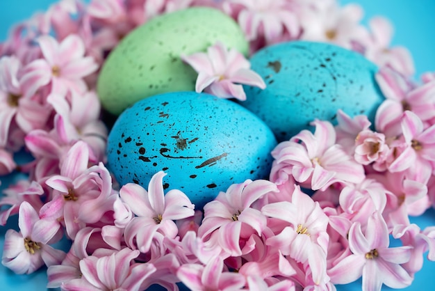 Фото Синие пасхальные яйца в гнезде из весенних цветов. вид сверху с копией пространства.