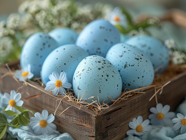 Blue easter eggs in tray with flowers