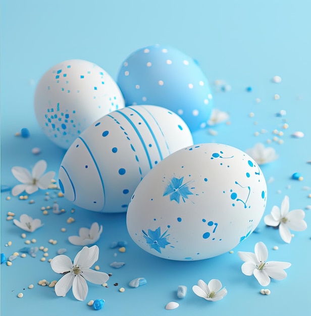Blue Easter Eggs with Floral Details on Sky Blue Background