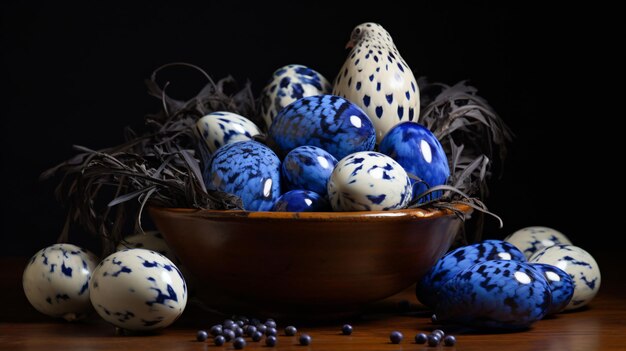 Blue easter quail and chicken eggs