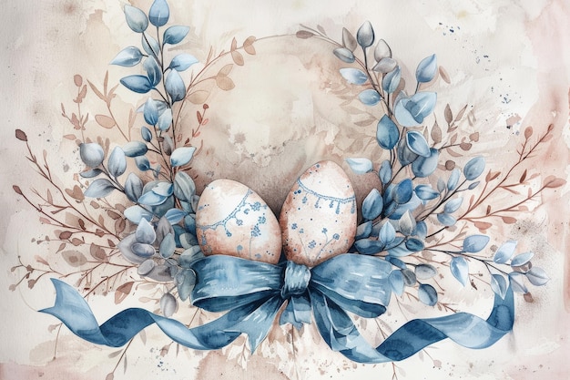 Blue Easter Wreath illustration with Textured Backdrop