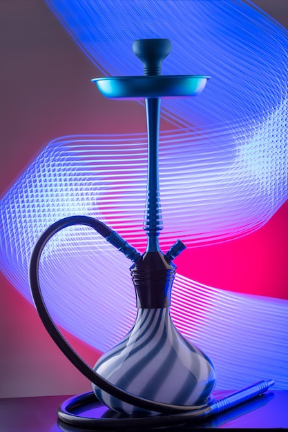 Blue eastern hookah on colorful background. Still life. Copy space