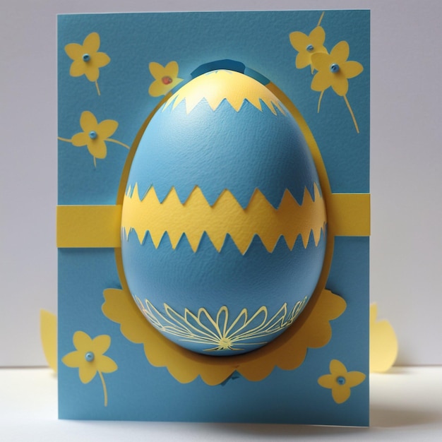 Photo a blue egg with yellow ribbon and yellow flowers on it