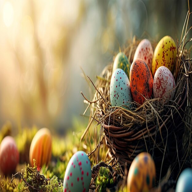 Blue eggs in a nest in nature easter themed