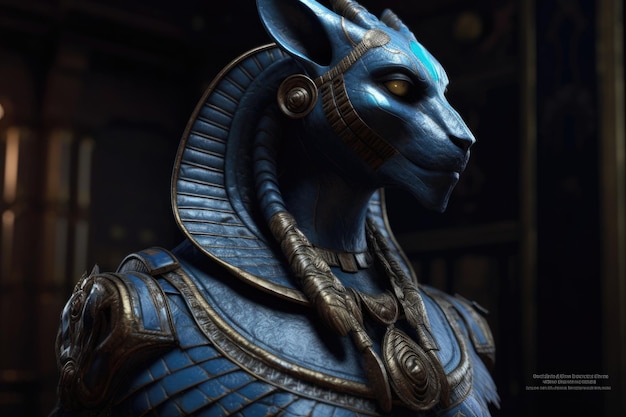 A blue egyptian cat with a gold head and a blue egyptian head.