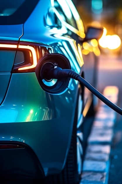 A blue electric car is plugged into a charging station.