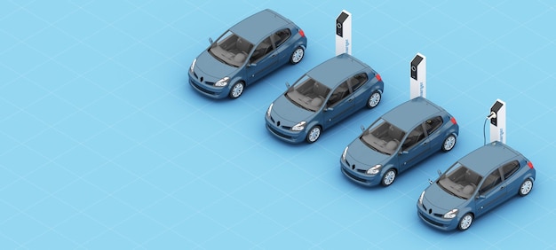 The blue electric car is refueling through the charger and shows on the screen Indicates charging status on a blue background 3d rendering isometric