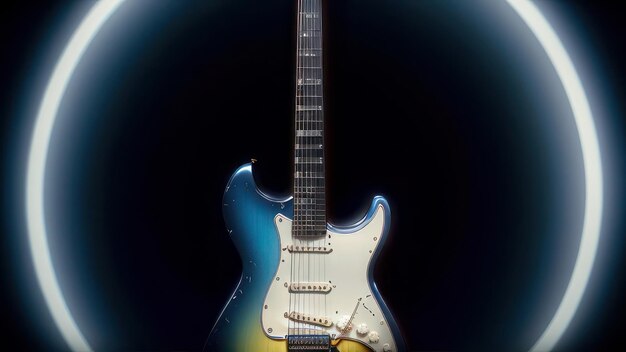A blue electric guitar with the word jazz on it