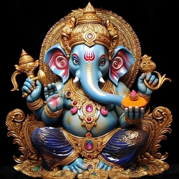 Blue elephant god statue with gold accents