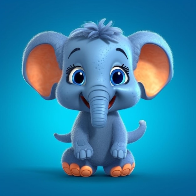 A blue elephant with a blue head and pink ears sits on a blue background.