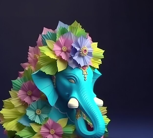 A blue elephant with flowers on it's head