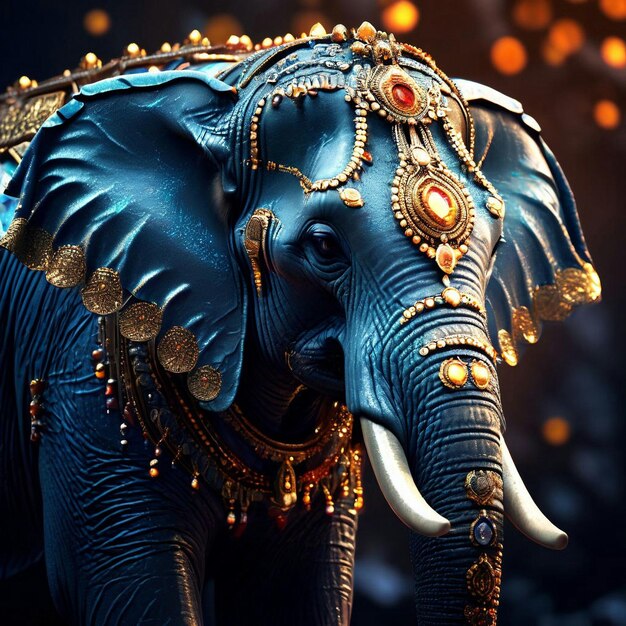 Photo a blue elephant with a gold headdress on its head