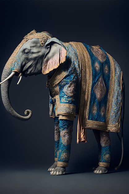 A blue elephant with a gold tutu on it