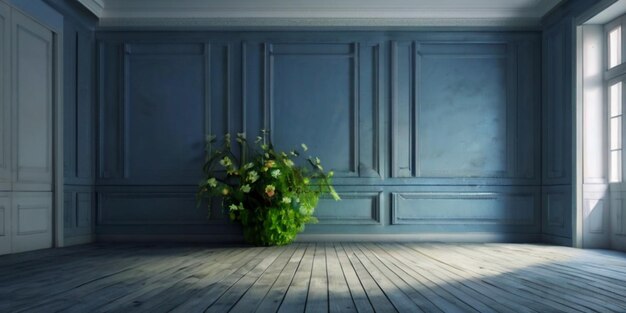 Blue empty room with green flower