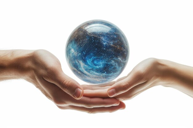 A blue energy ball in the hands of a man on a white background