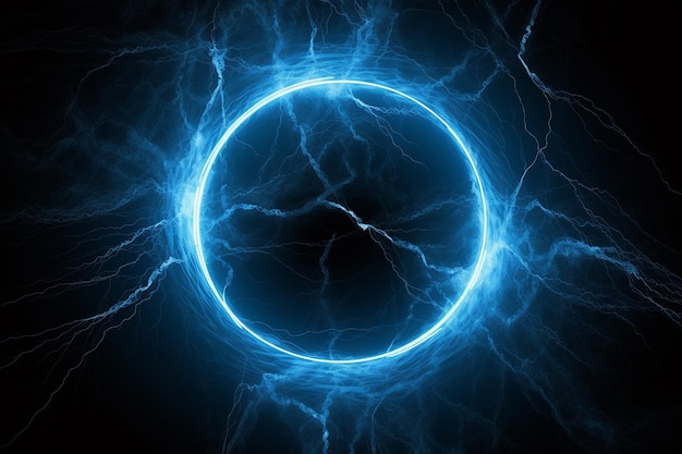 Photo a blue energy circle neon light on black background