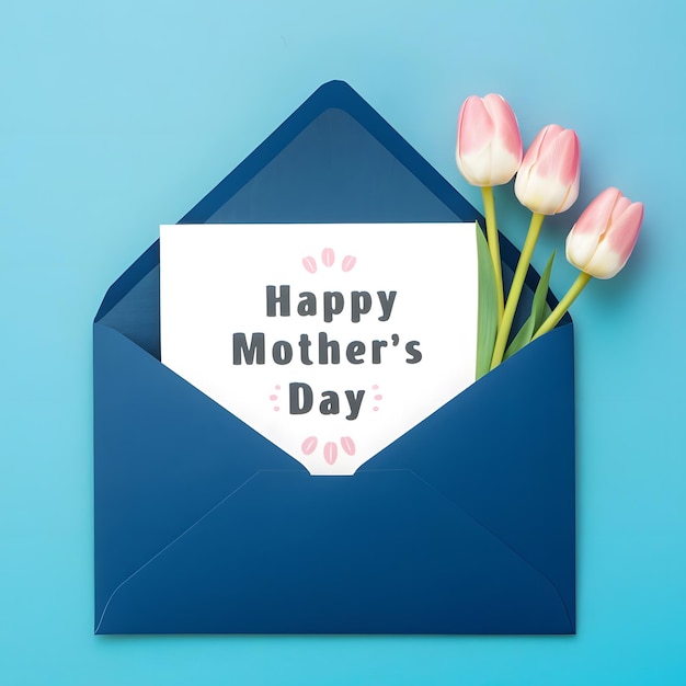 A blue envelope with a card that says Happy Mothers Day and pink tulips on the right side